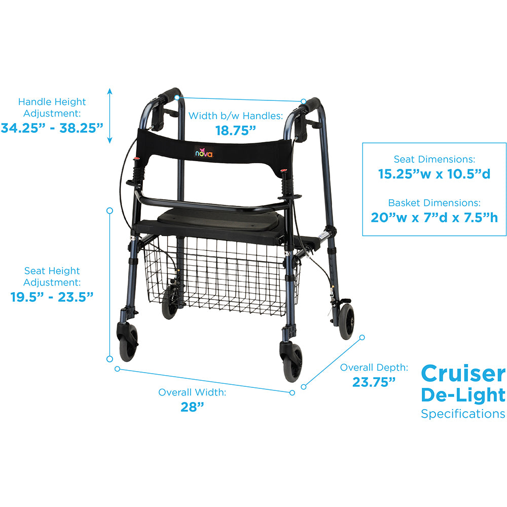 Cruiser De-Light Rolling Walker w/ Adjustable Legs & Locking Hand Brakes