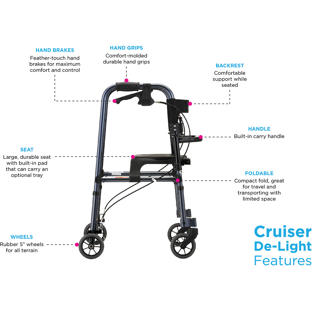 Cruiser De-Light Rolling Walker w/ Adjustable Legs & Locking Hand Brakes