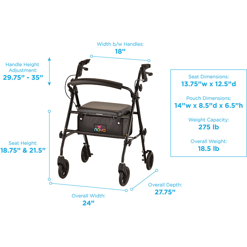 Nova Journey Rolling Walker - Steel Frame, Seat & Storage