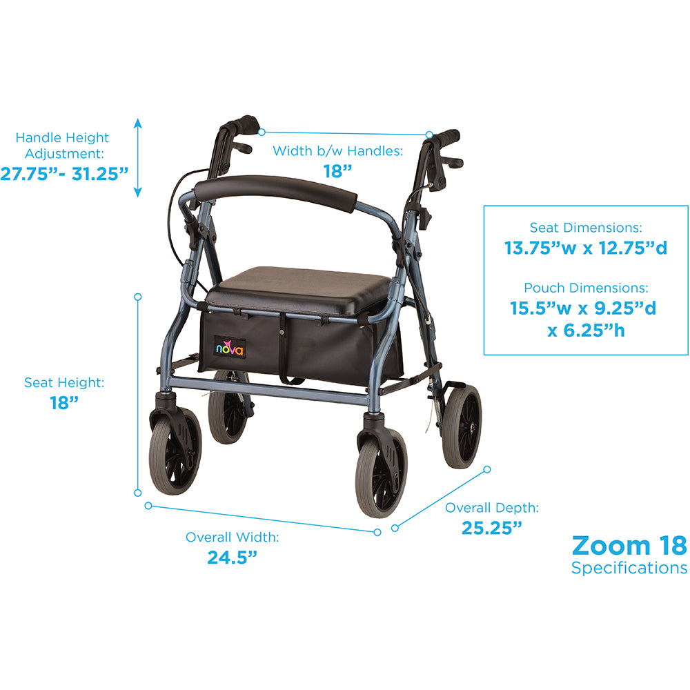 NOVA Adjustable Rollator |18”, 20”, 22”, 24” with 8" Wheels & Feather Touch Brakes