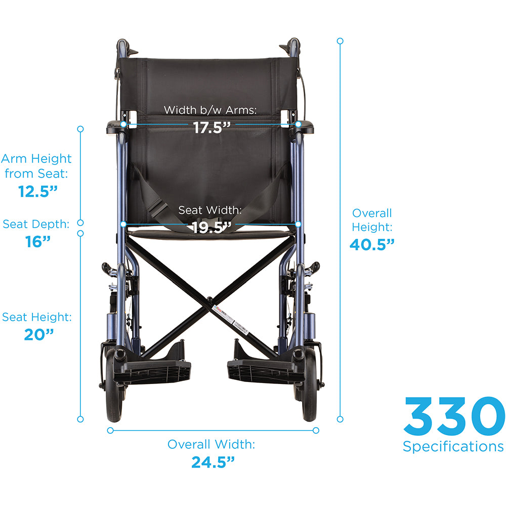 Lightweight Transport Wheelchair with Hand Brakes- Foldable & Durable 20"