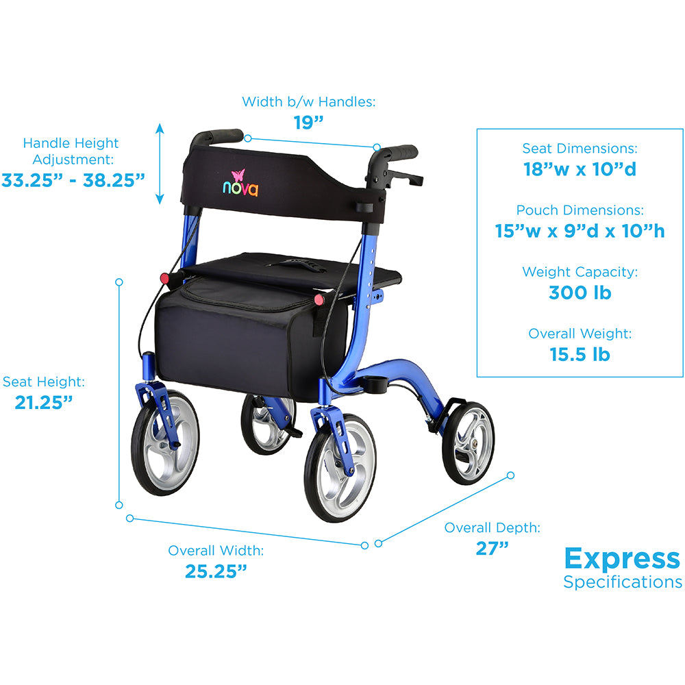 Nova Express Rollator 4328- Lightweight, Foldable Walker with Padded Seat Storage