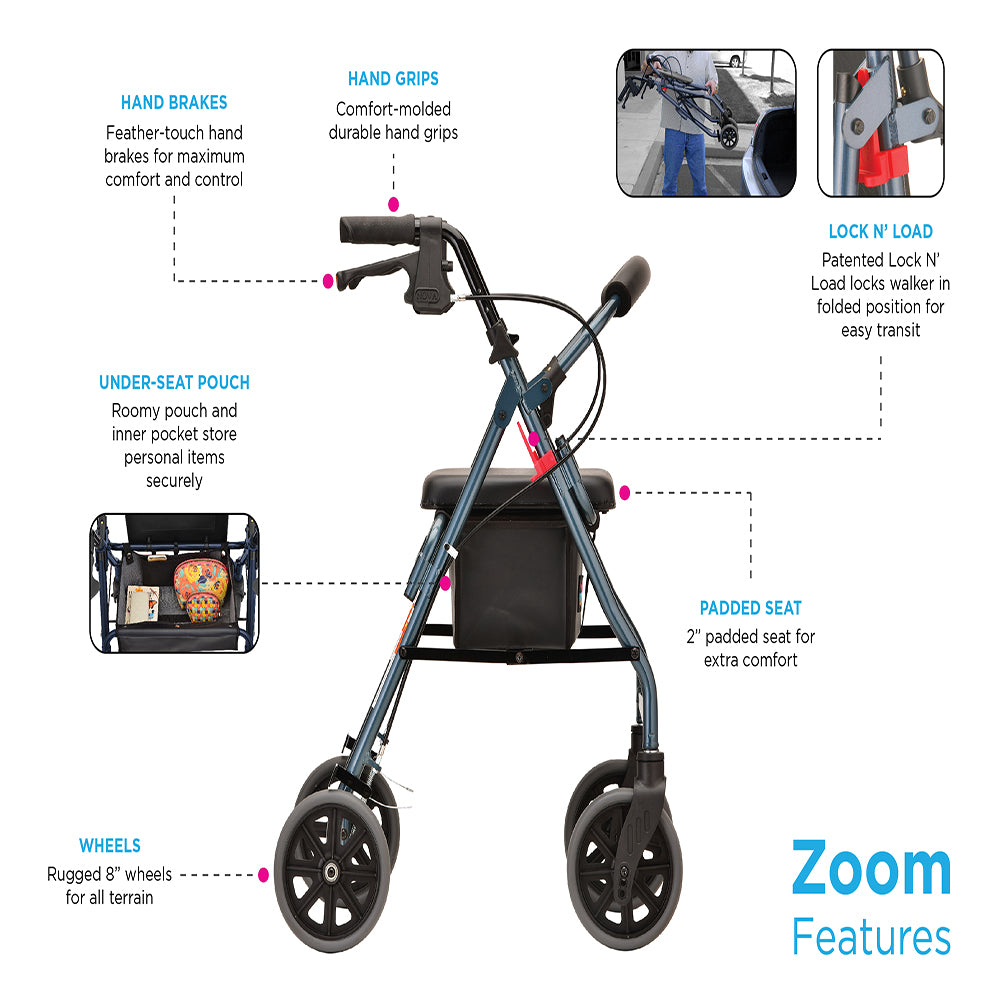NOVA Adjustable Rollator |18”, 20”, 22”, 24” with 8" Wheels & Feather Touch Brakes