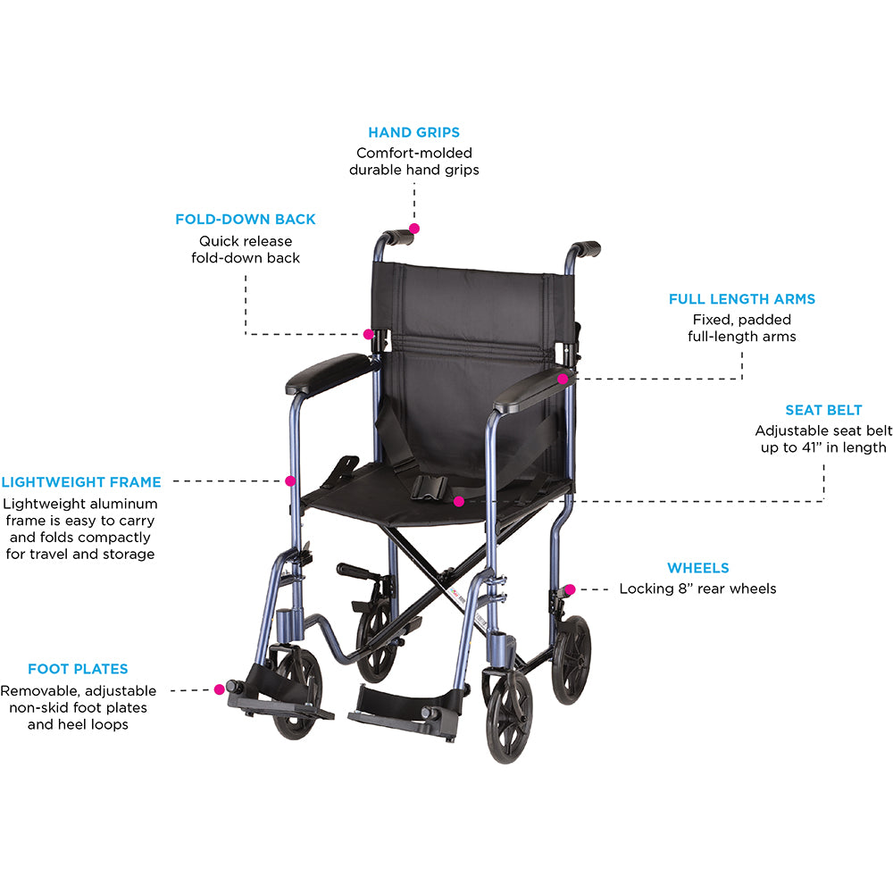 19" Steel Transport Chair – Lightweight, Foldable, and Durable